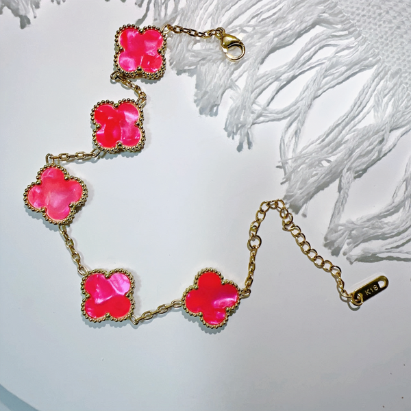 MARBLE STONE CLOVER LINK BRACELET | HOT PINK