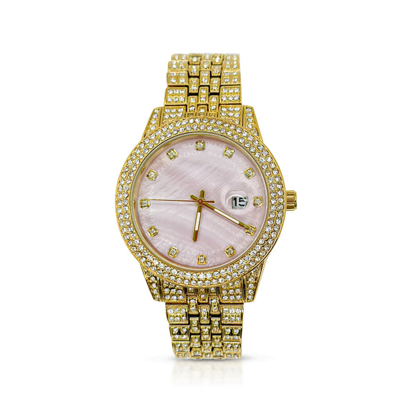 PEARLY PINK STONE WATCH | GOLD